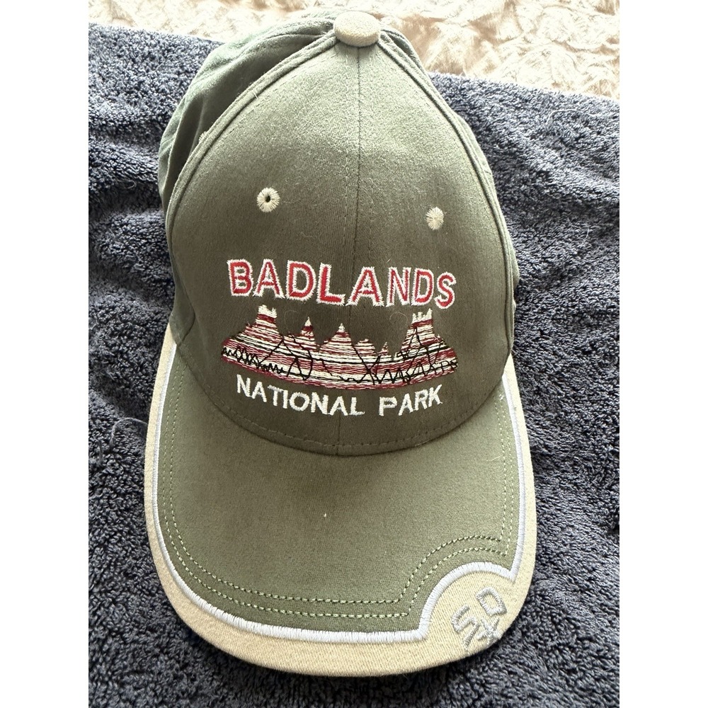 National Parks Badlands olive green cream hat cap, elastic, OS fits most, cotton